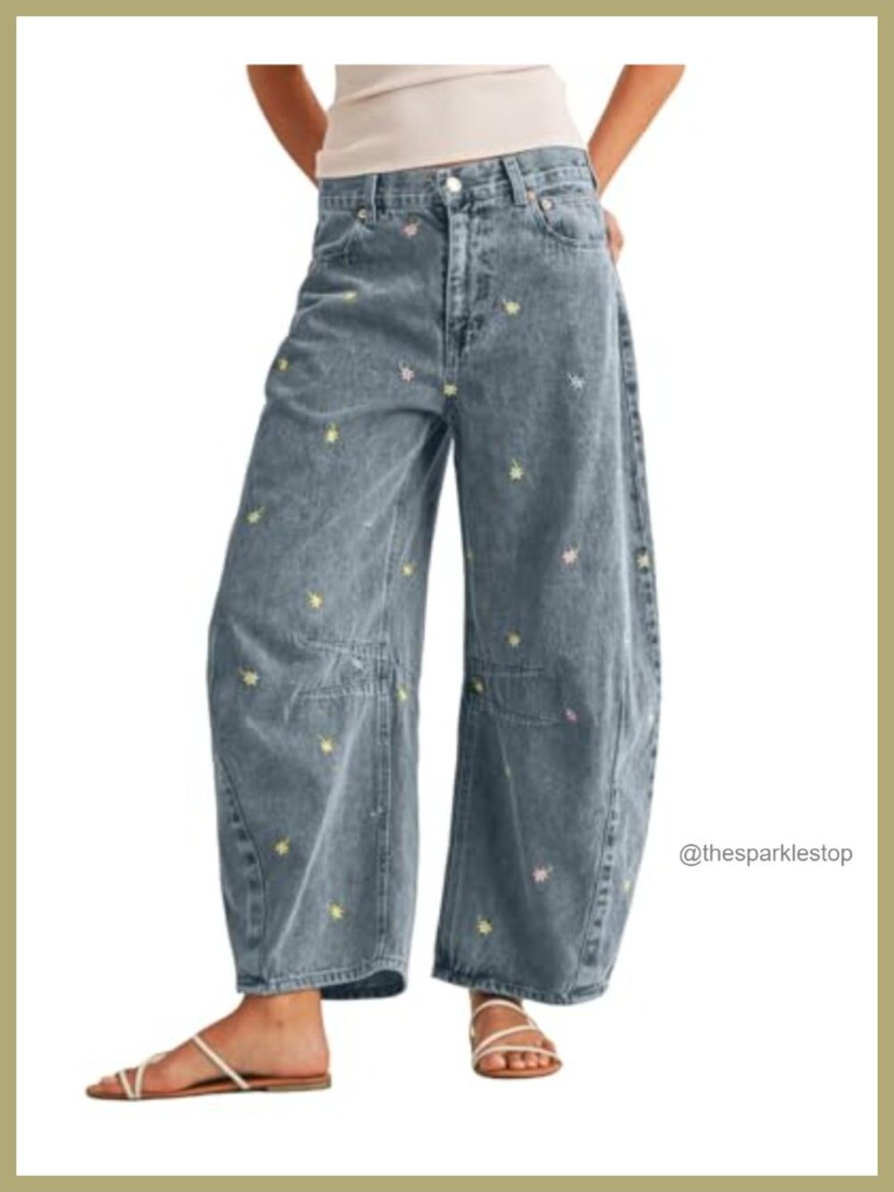 Women's Embroidered Barrel Jeans Mid Rise Wide Leg Ankle Denim Pants